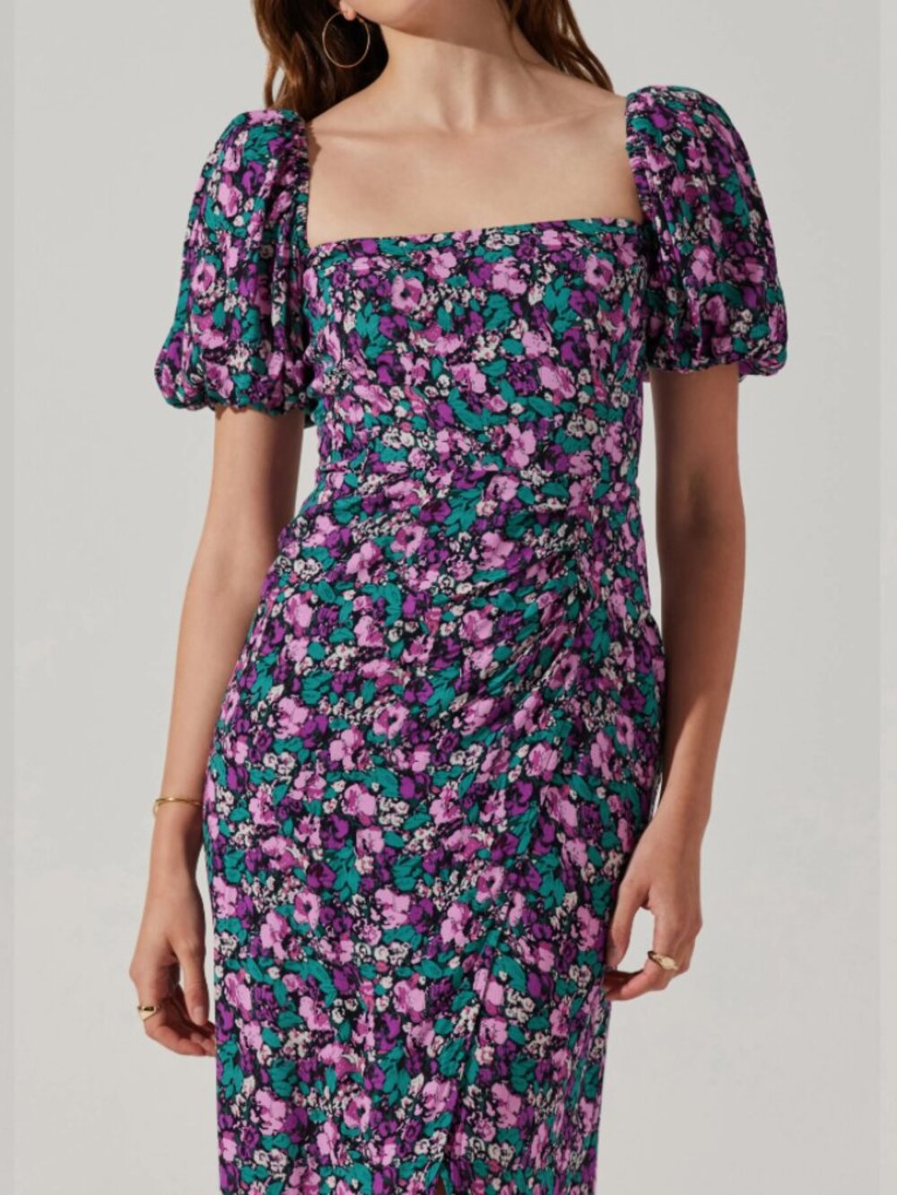 ASTR the Label Puff Sleeve Front Slit Midi Dress Smocked Square Neck Floral XS